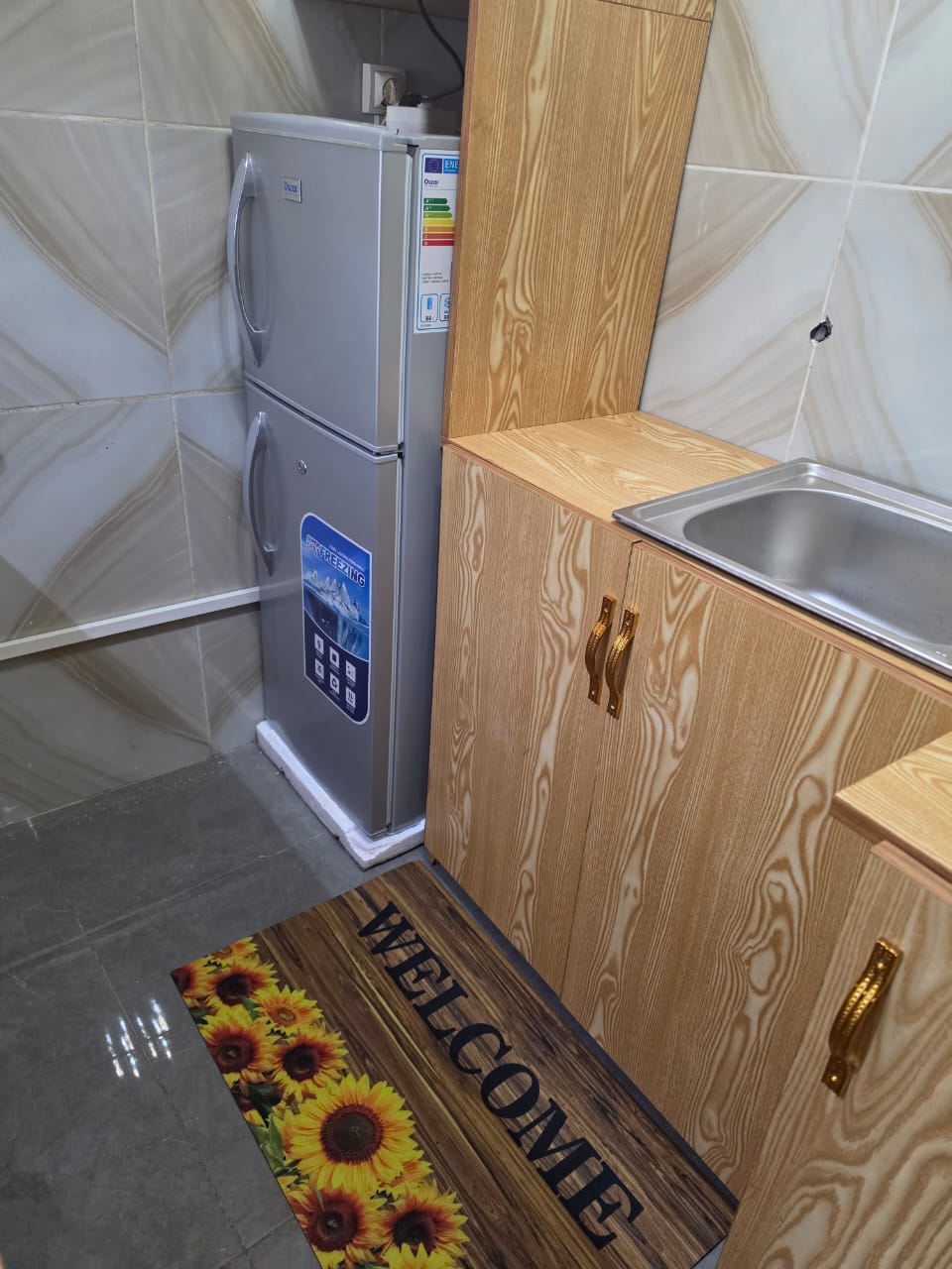 Kitchen area with full fridge, sink and storage cabinets